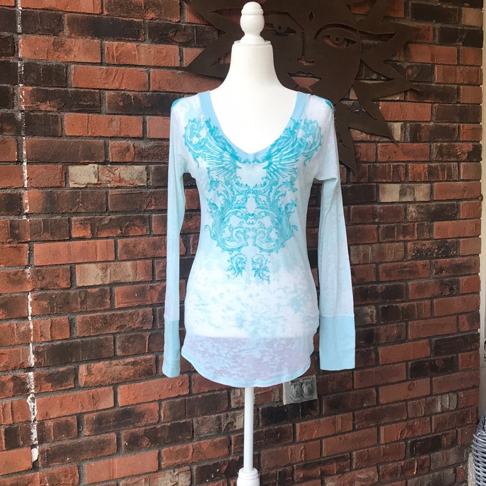 Y2K long sleeved, turquoise burnout shirt- fleur de lis